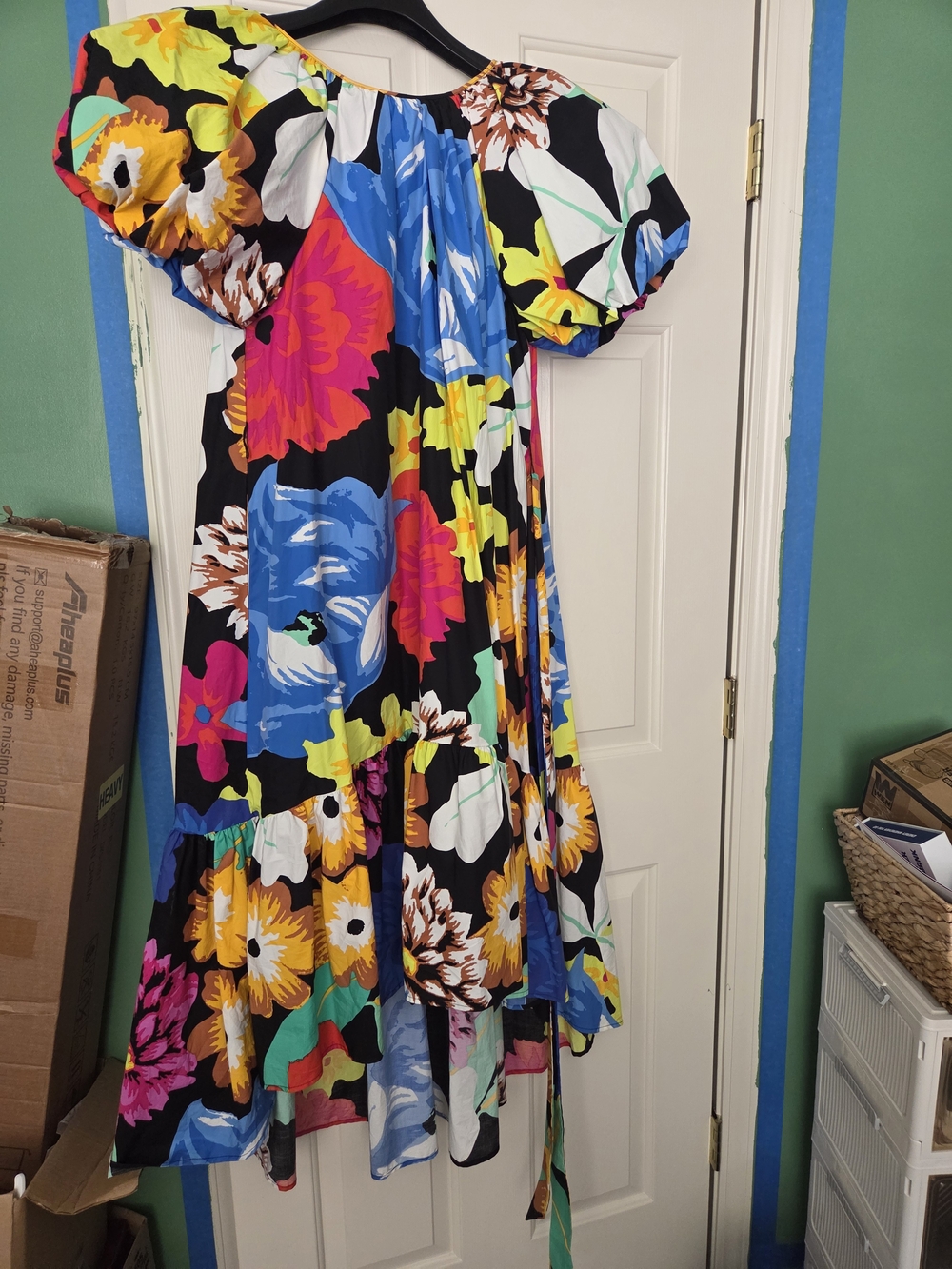 Christopher John Rogers Bold Floral Midi Dress in Black, Blue, Yellow, Pink